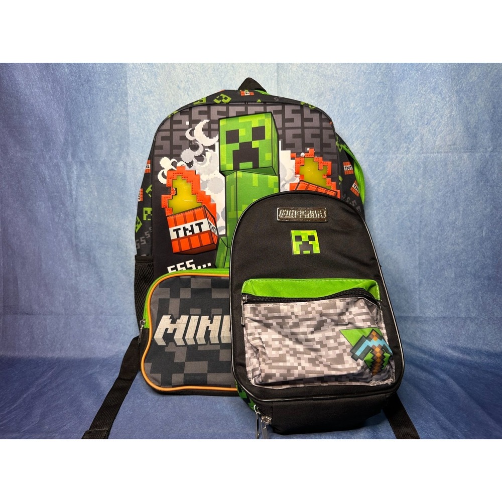 Minecraft Light Up 17" Creeper Backpack Flashing Lights TNT w/ Creeper Lunch Bag - Picture 3 of 17